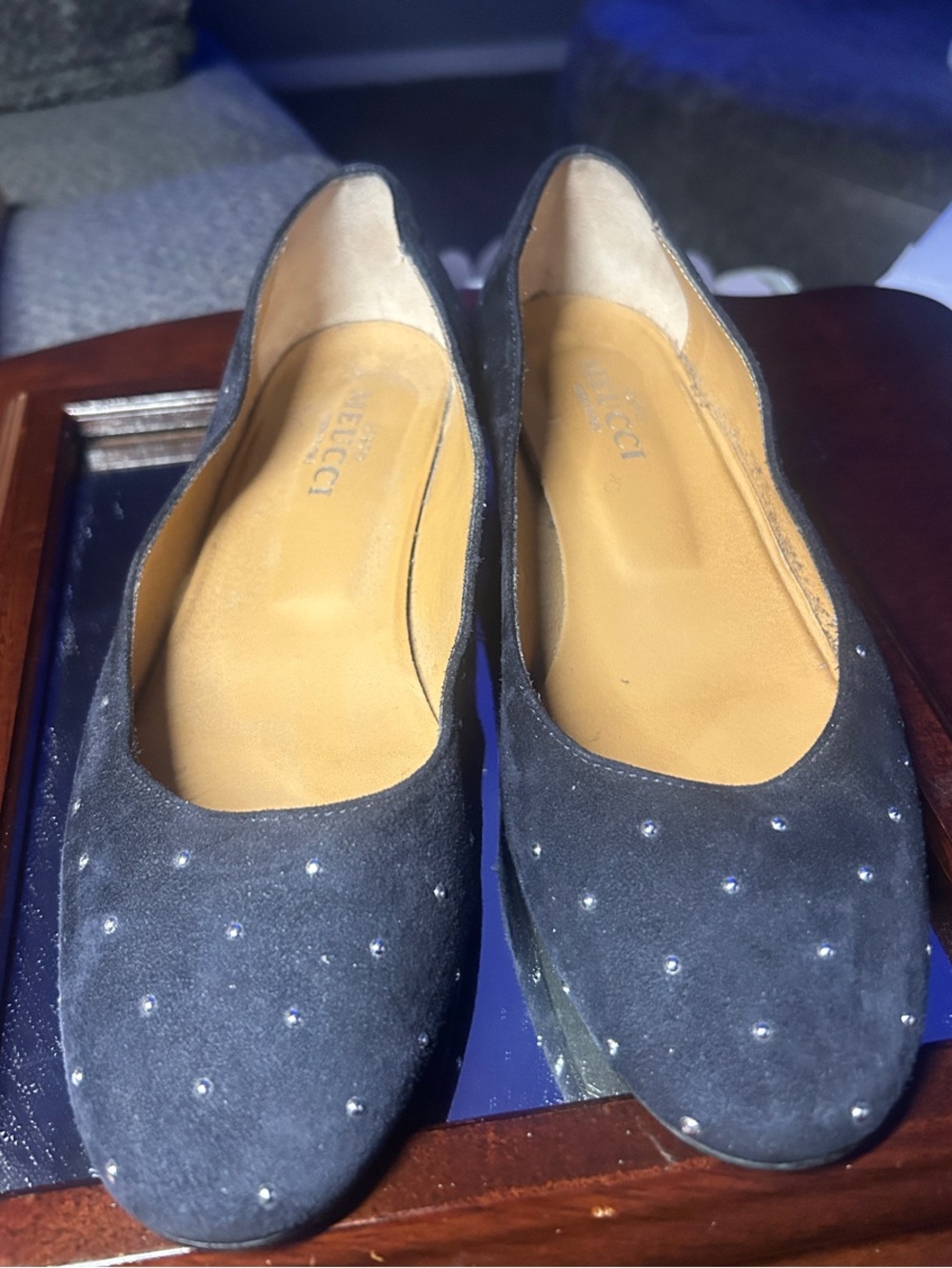 Sesto Meucci Navy Suede Studded Ballet Flats, Sz 8